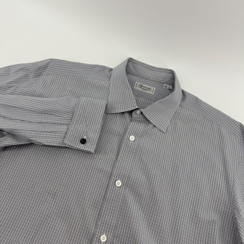 Charvet Paris Mens Blue Micro Check Cotton Dress Shirt 17.5 L French Cuff France